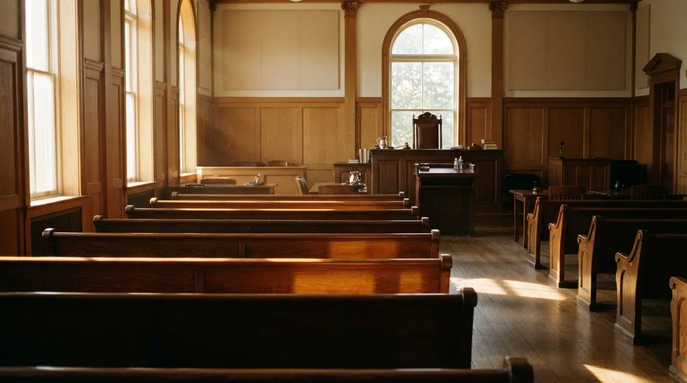 An empty courtroom with wooden benches in morning light