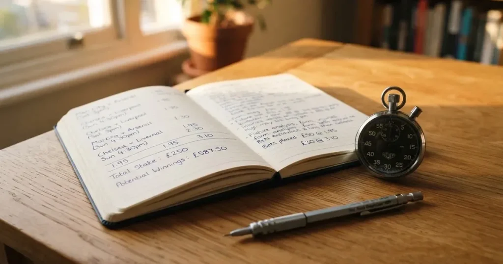 An open notebook with a pencil and a stopwatch on a wooden table