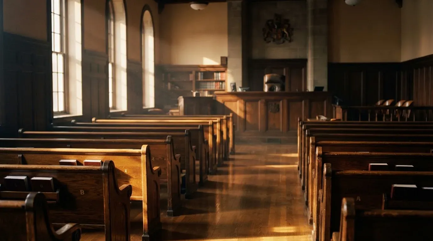 An empty courtroom with wooden benches in morning light