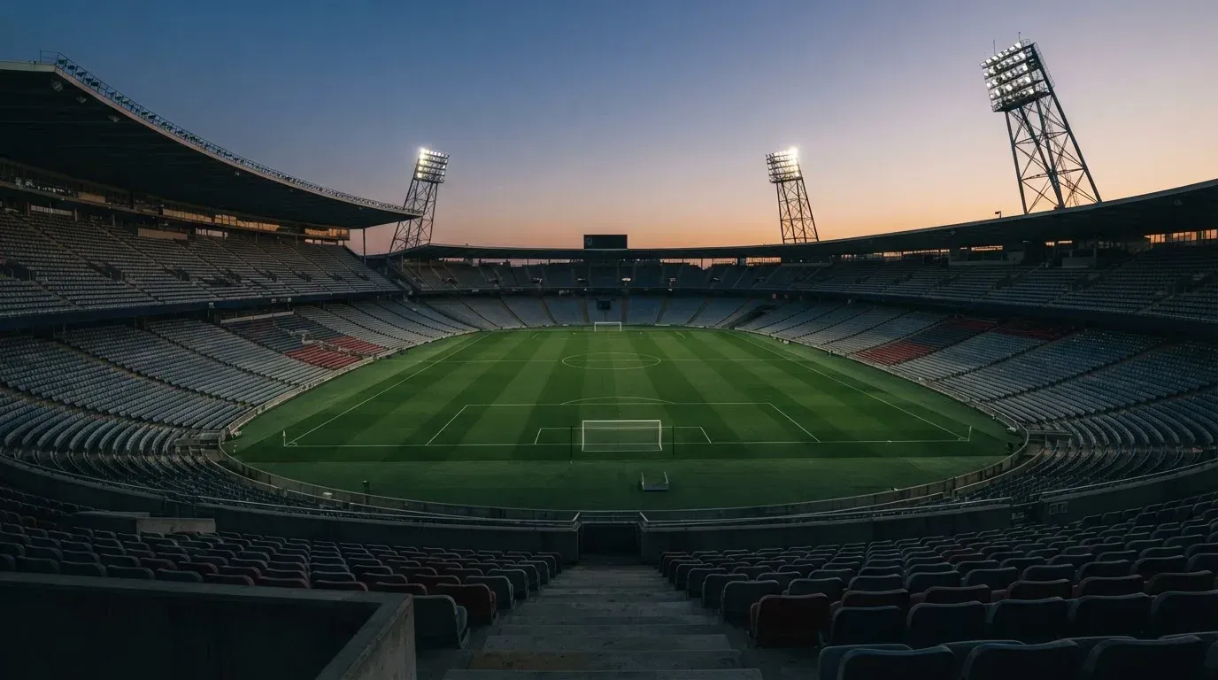 An empty football stadium with floodlight masts at dusk