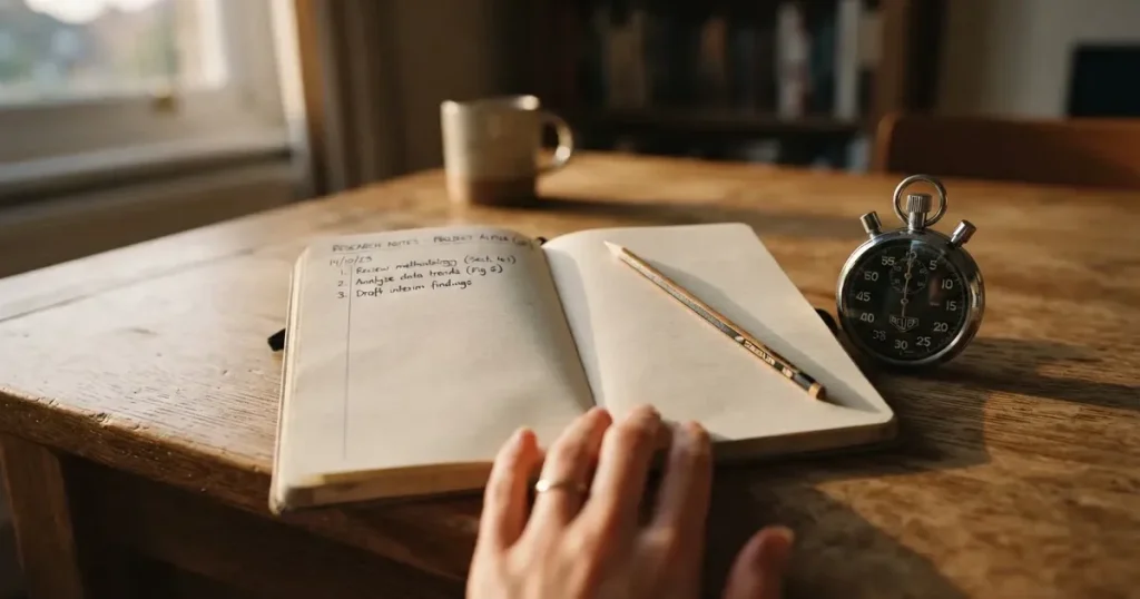 An open notebook with a pencil and a stopwatch on a wooden table