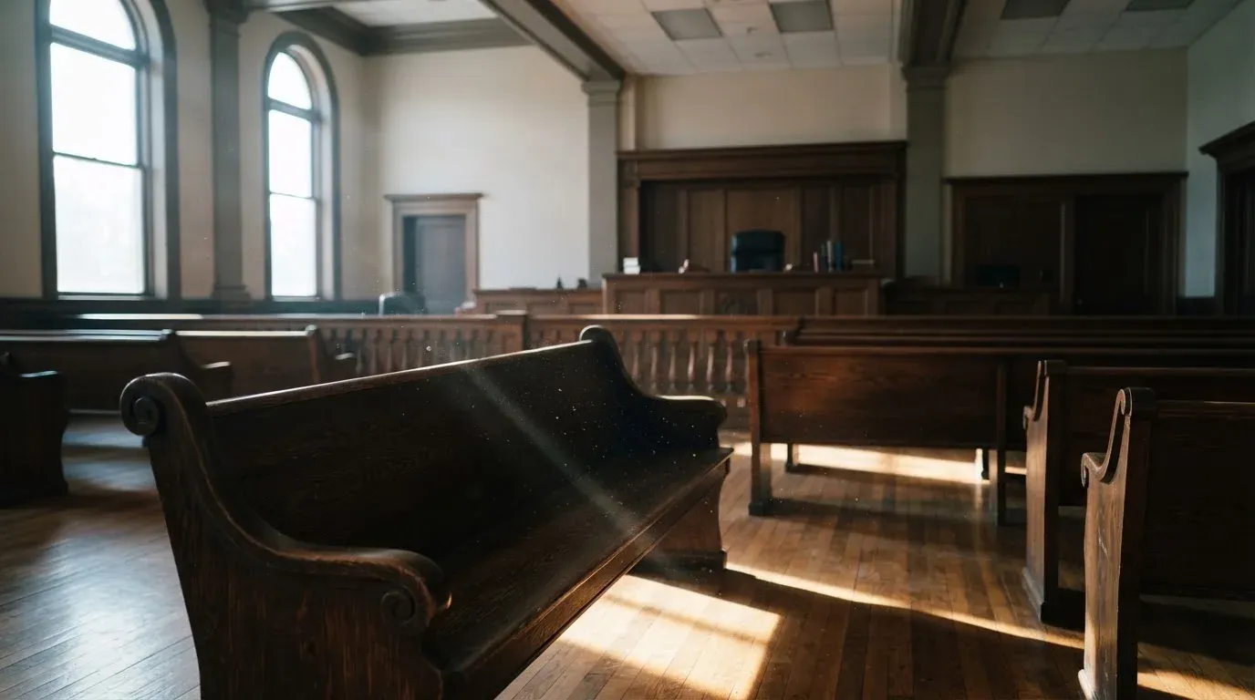 An empty courtroom with wooden benches in morning light