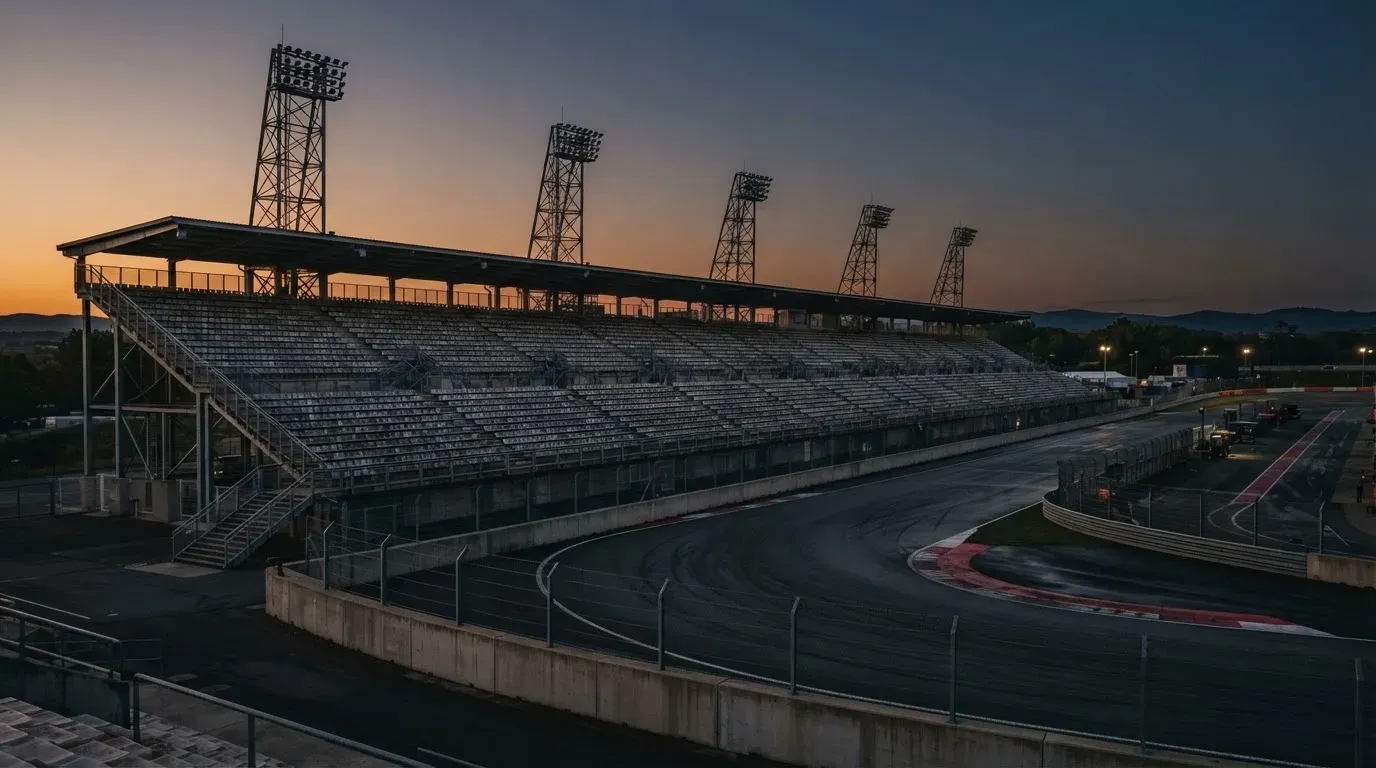 An empty football stadium with floodlight masts at dusk