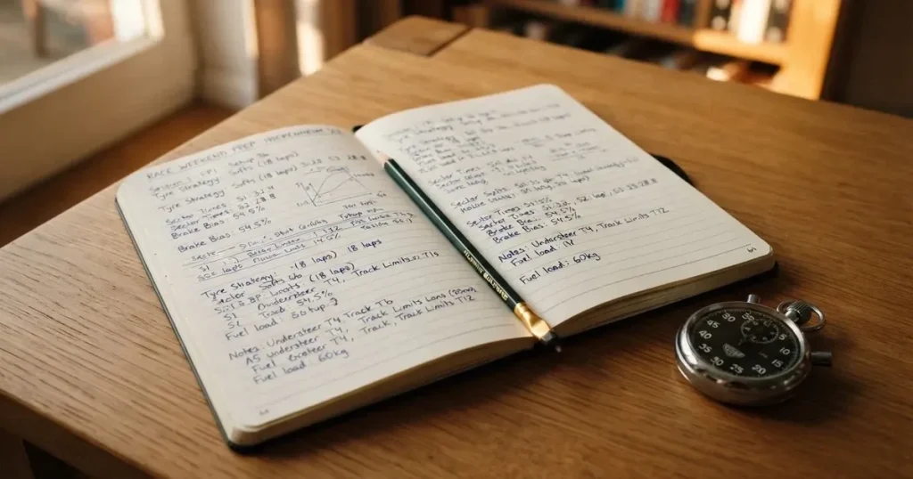 An open notebook with a pencil and a stopwatch on a wooden table
