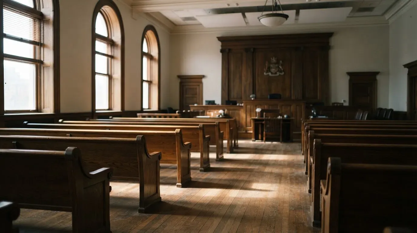 An empty courtroom with wooden benches in morning light