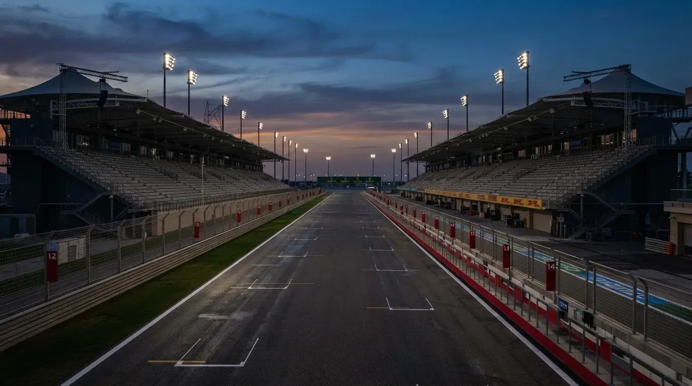 An empty football stadium with floodlight masts at dusk