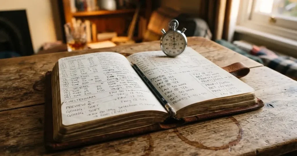 An open notebook with a pencil and a stopwatch on a wooden table