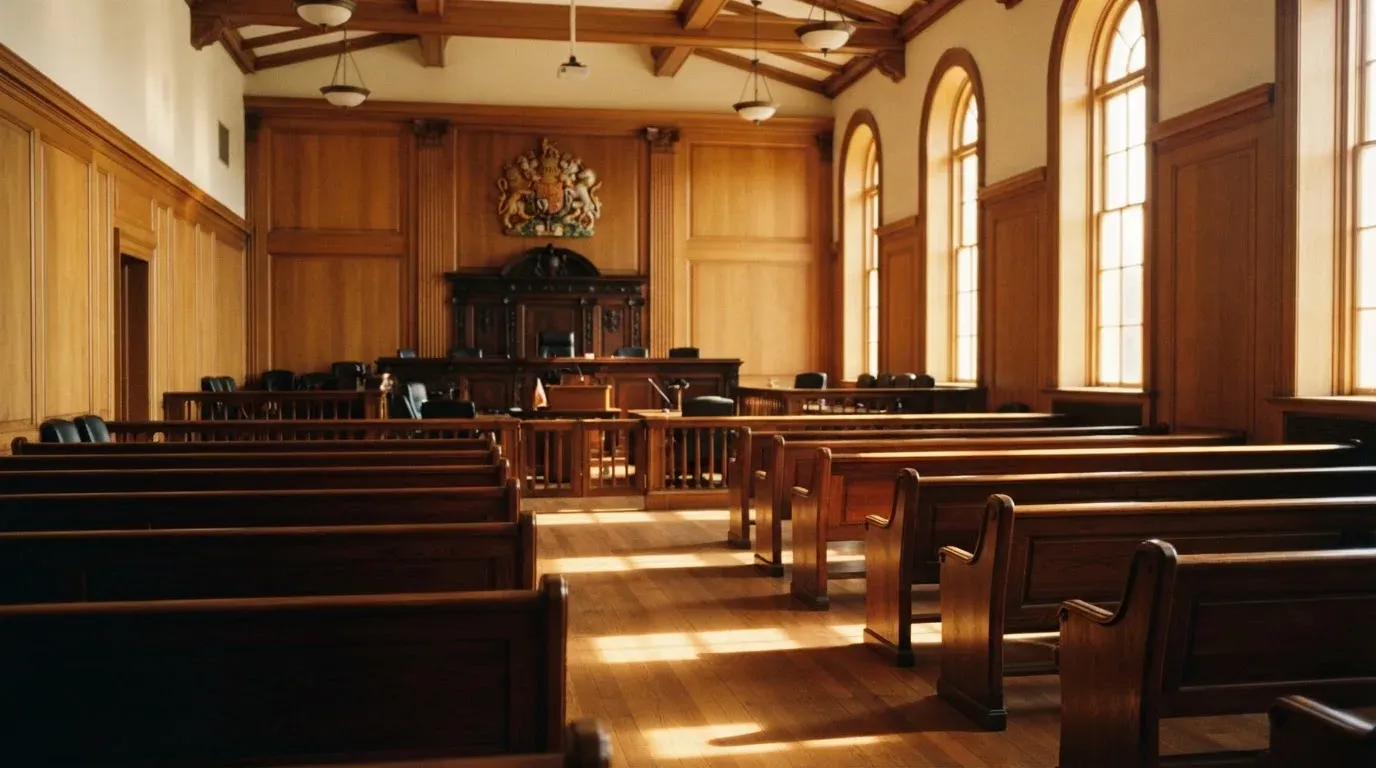 An empty courtroom with wooden benches in morning light