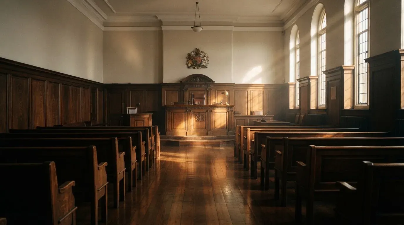 An empty courtroom with wooden benches in morning light