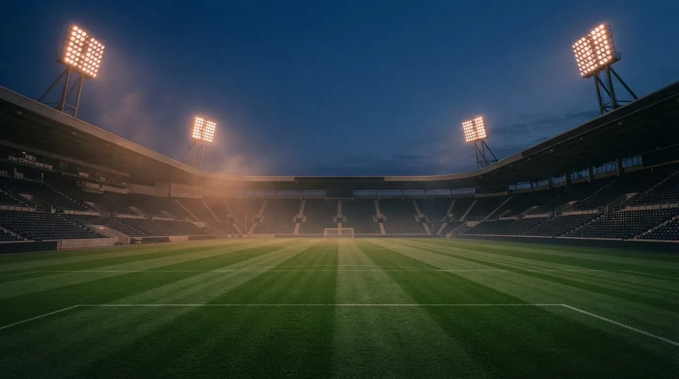 An empty football stadium with floodlight masts at dusk