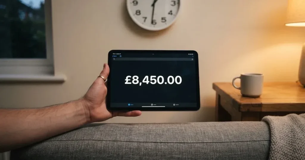 A person on a sofa looking thoughtfully at a tablet, a wall clock in the background