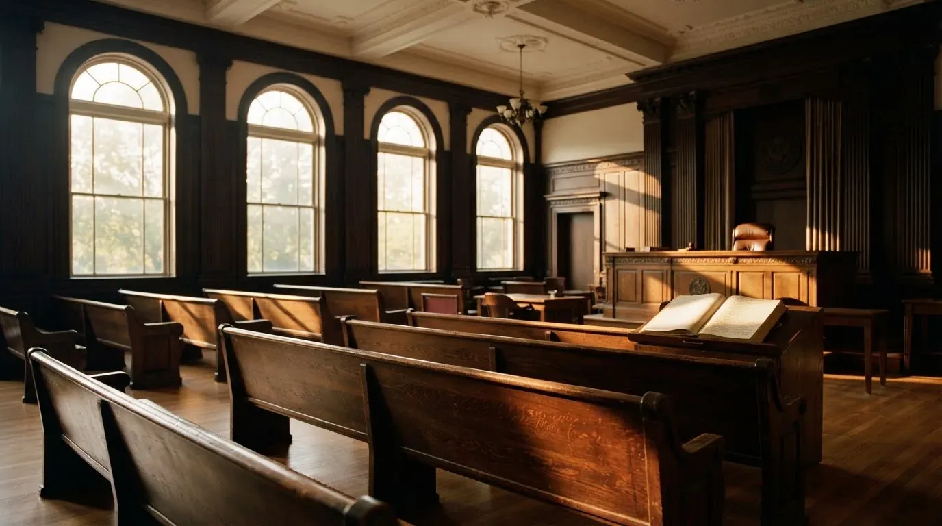 An empty courtroom with wooden benches in morning light