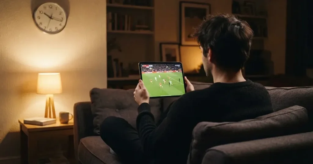 A person on a sofa looking thoughtfully at a tablet, a wall clock in the background