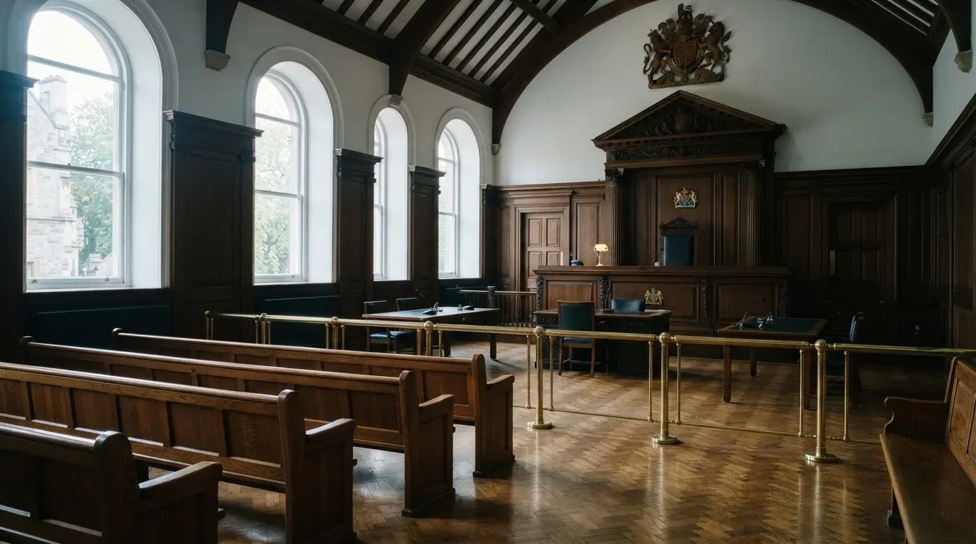 An empty courtroom with wooden benches in morning light