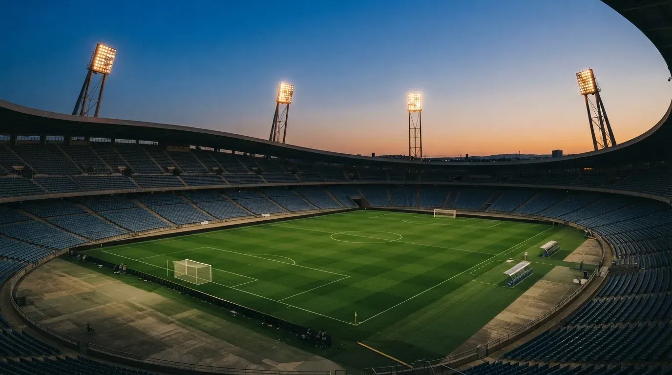 An empty football stadium with floodlight masts at dusk