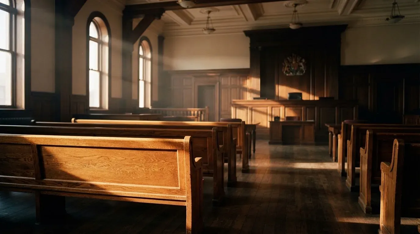 An empty courtroom with wooden benches in morning light