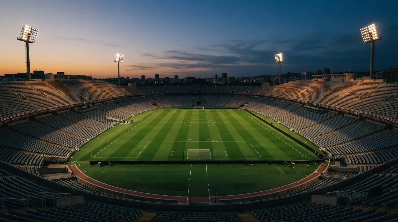 An empty football stadium with floodlight masts at dusk