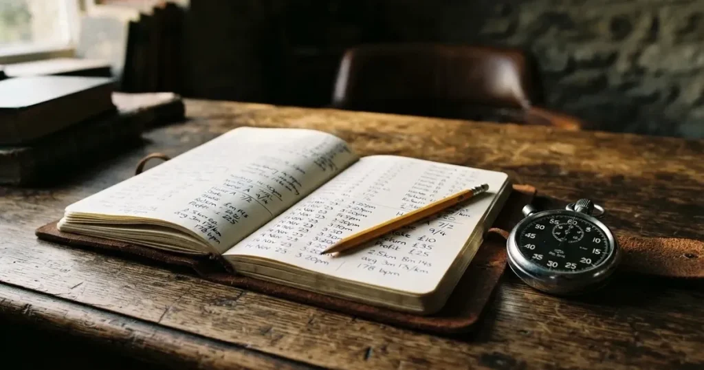 An open notebook with a pencil and a stopwatch on a wooden table