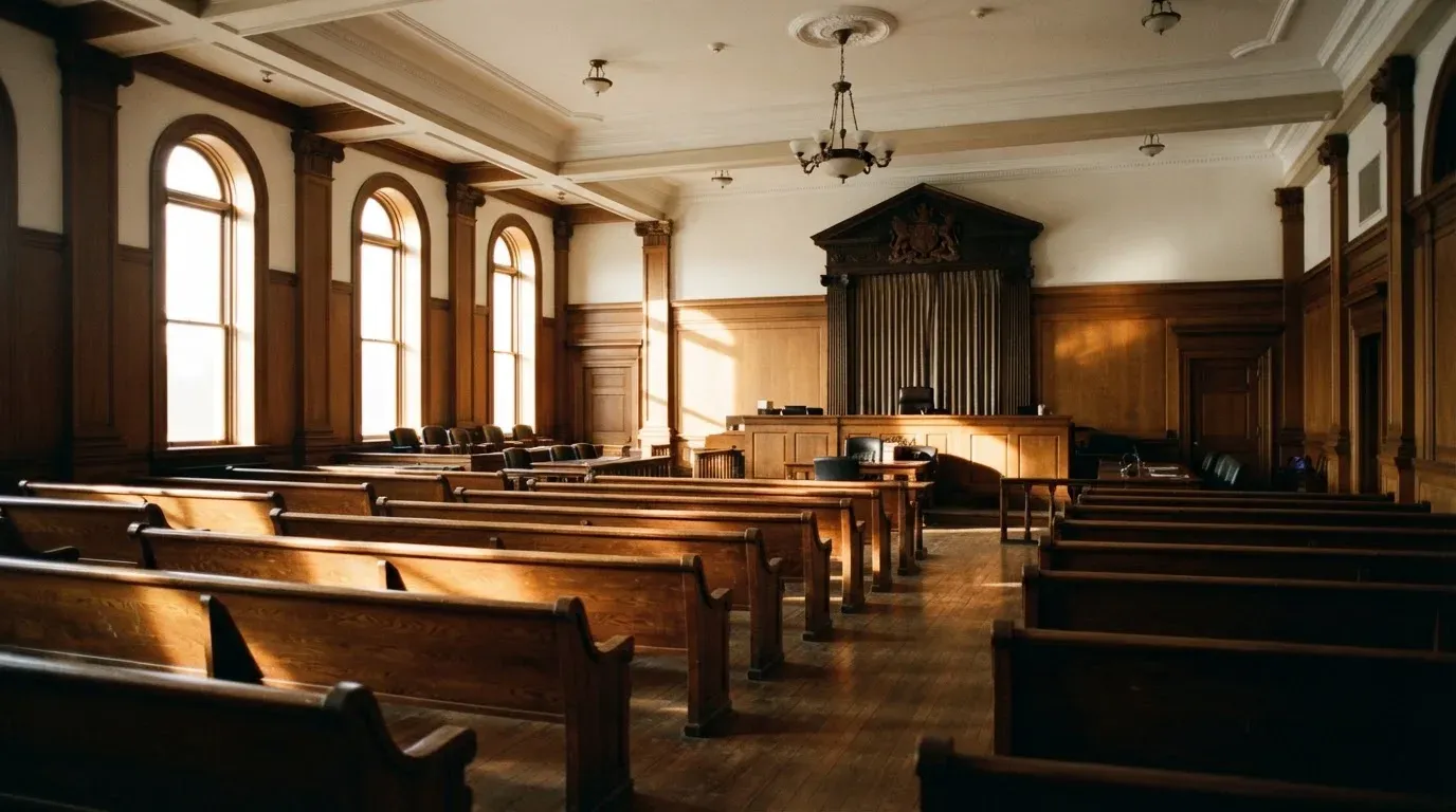 An empty courtroom with wooden benches in morning light