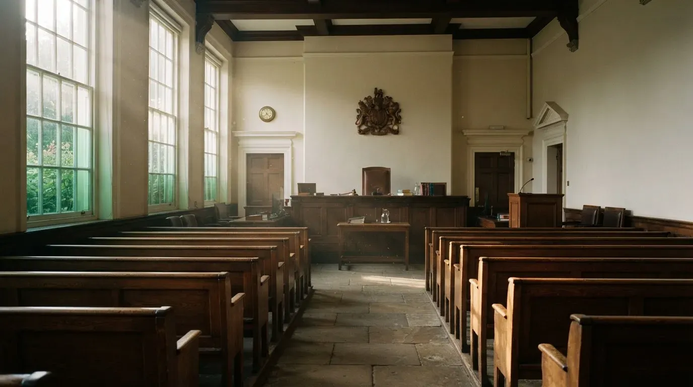 An empty courtroom with wooden benches in morning light