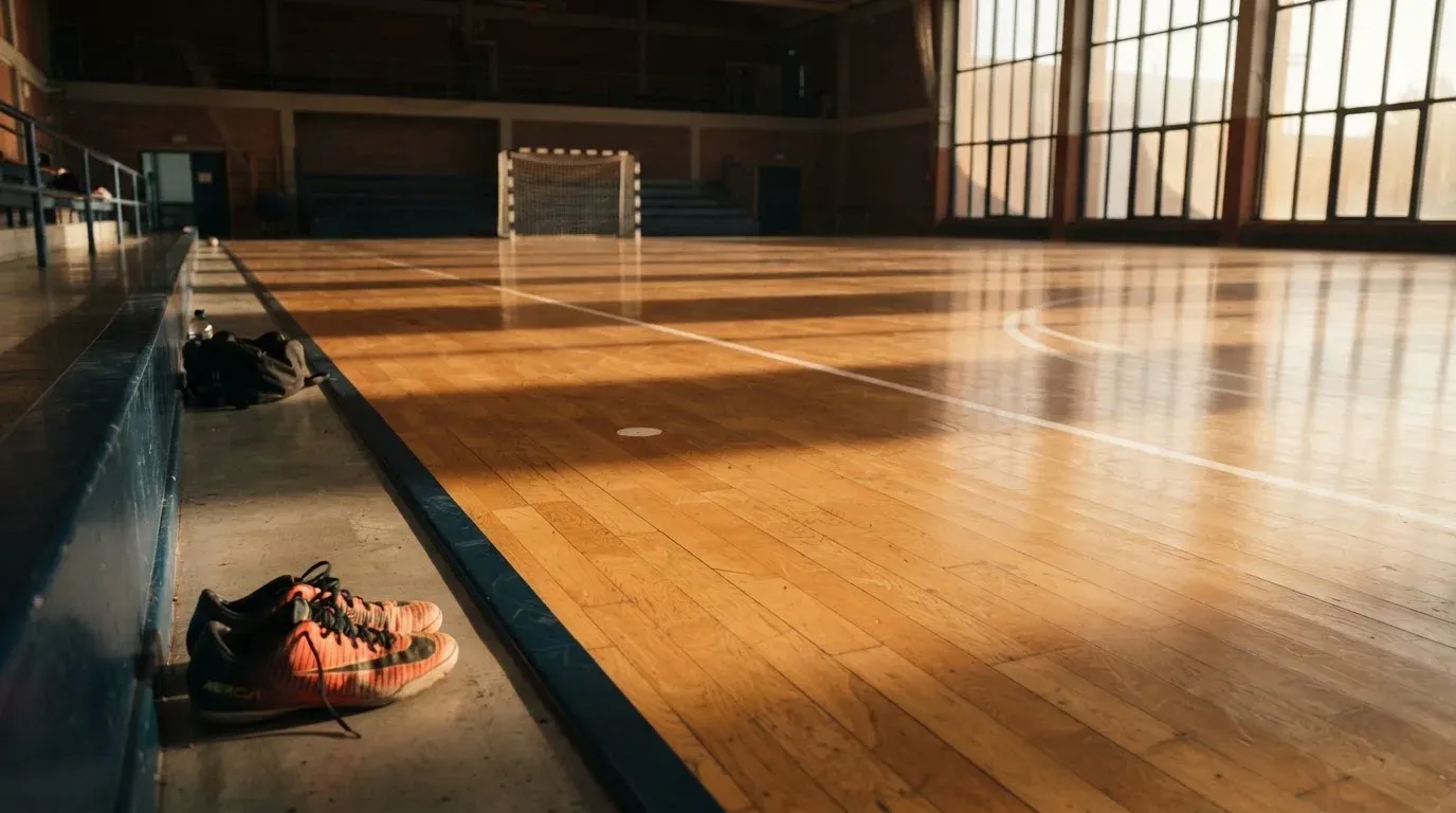 An empty courtroom with wooden benches in morning light