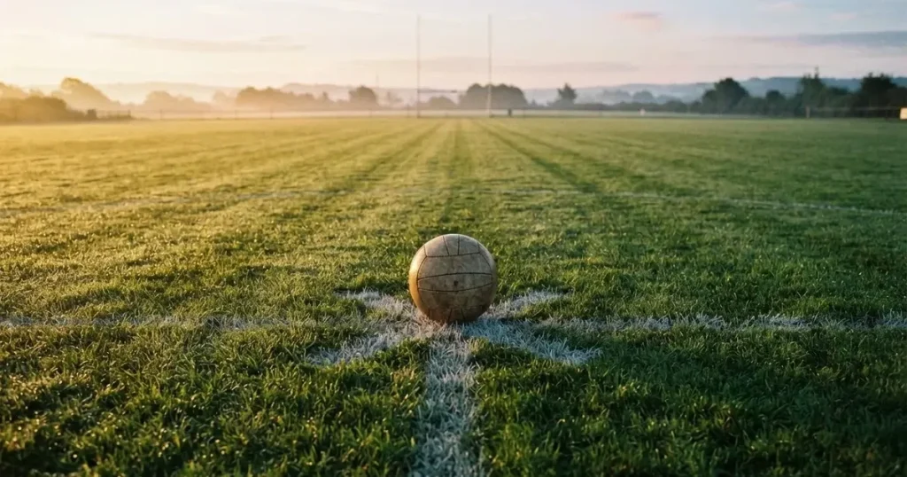 A ball on the centre spot of a grass pitch in morning light