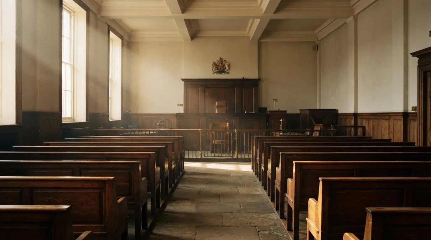 An empty courtroom with wooden benches in morning light