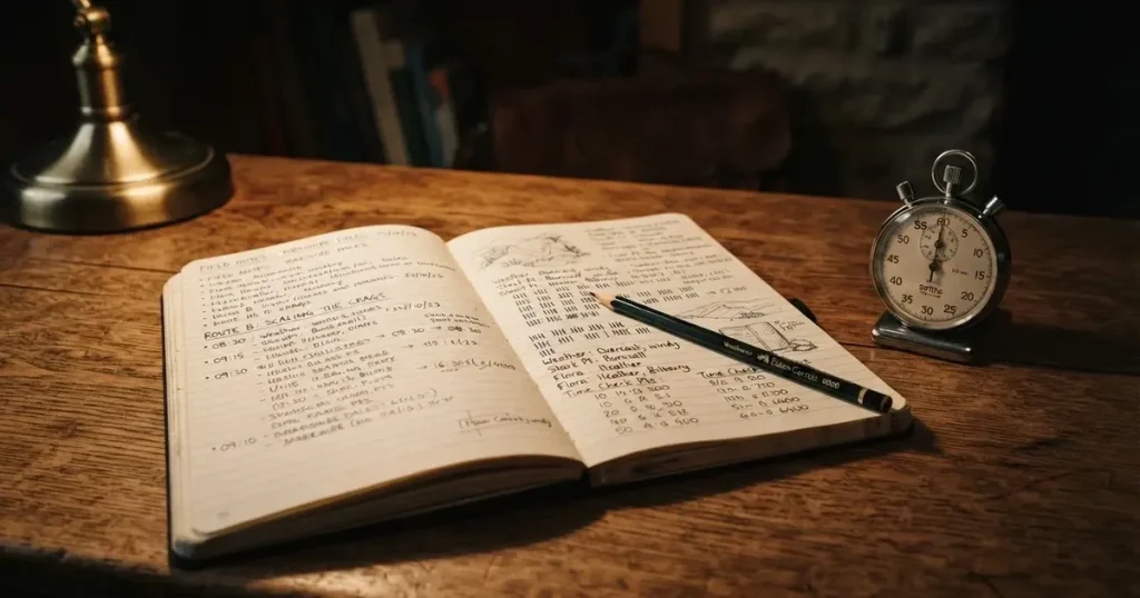 An open notebook with a pencil and a stopwatch on a wooden table