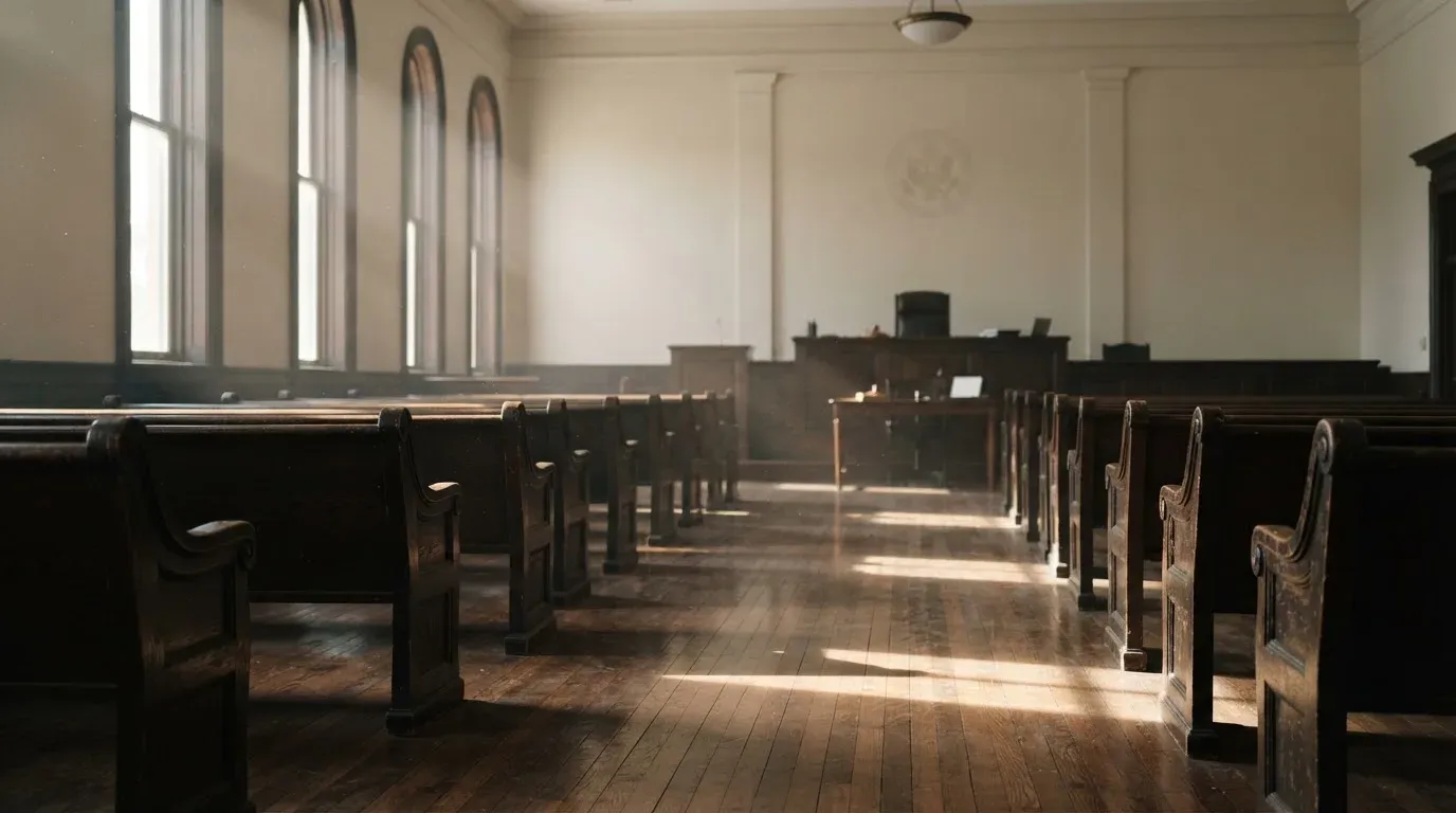 An empty courtroom with wooden benches in morning light