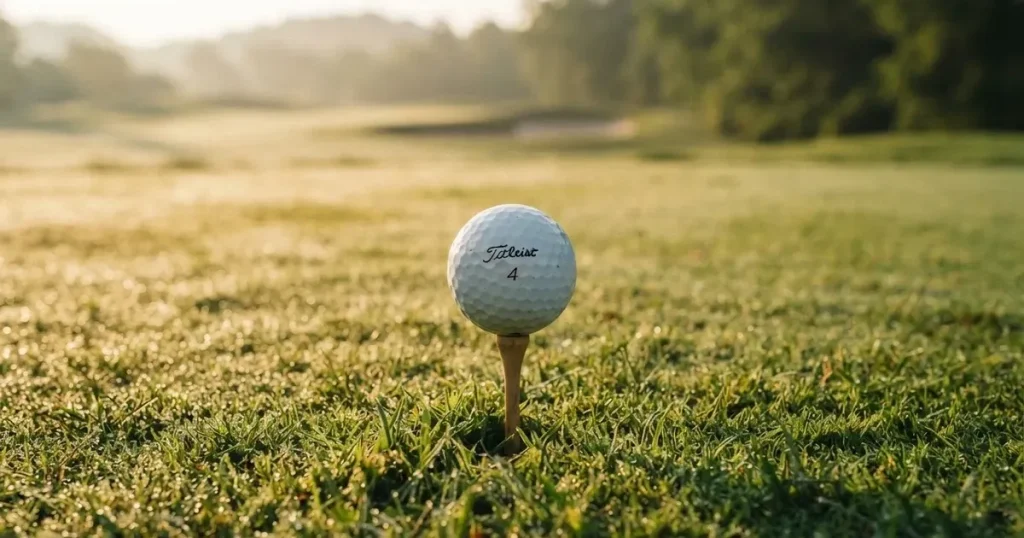 A ball on the centre spot of a grass pitch in morning light