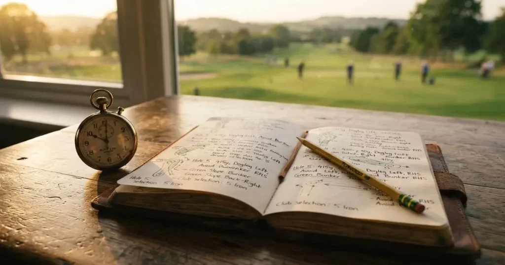 An open notebook with a pencil and a stopwatch on a wooden table