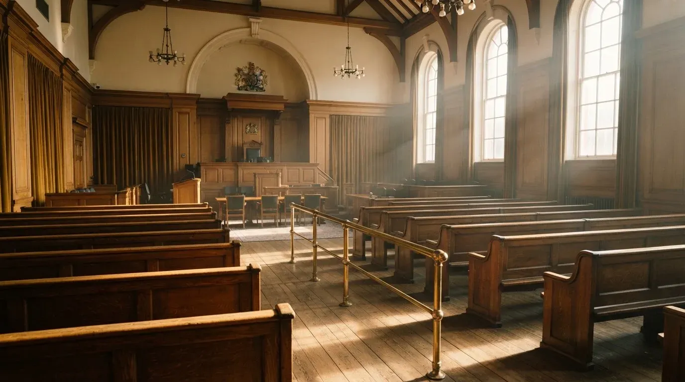 An empty courtroom with wooden benches in morning light
