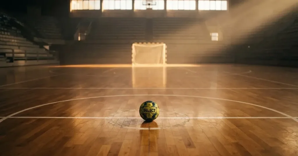 A ball on the centre spot of a grass pitch in morning light