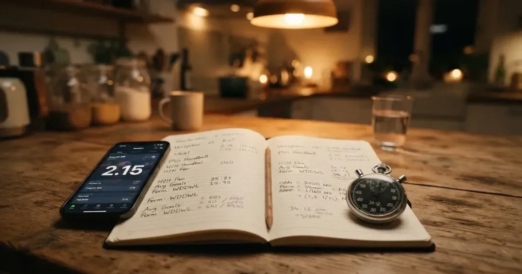 An open notebook with a pencil and a stopwatch on a wooden table