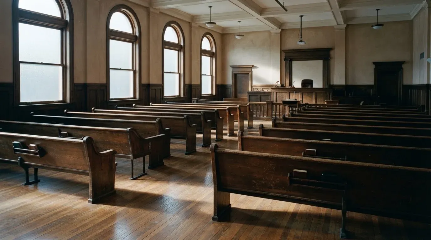 An empty courtroom with wooden benches in morning light