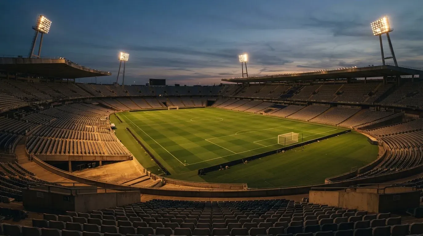 An empty football stadium with floodlight masts at dusk