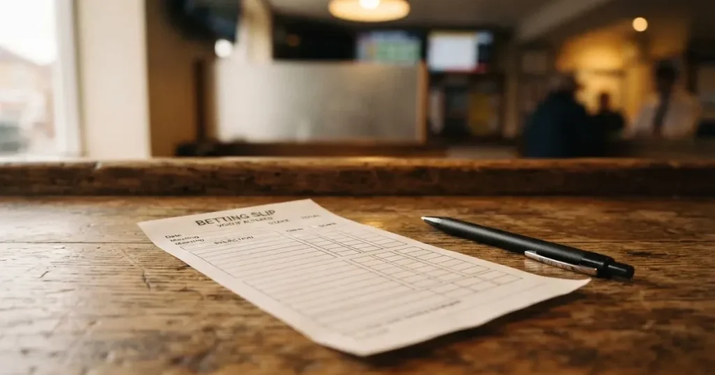 A blank paper betting slip beside a pen on a wooden counter