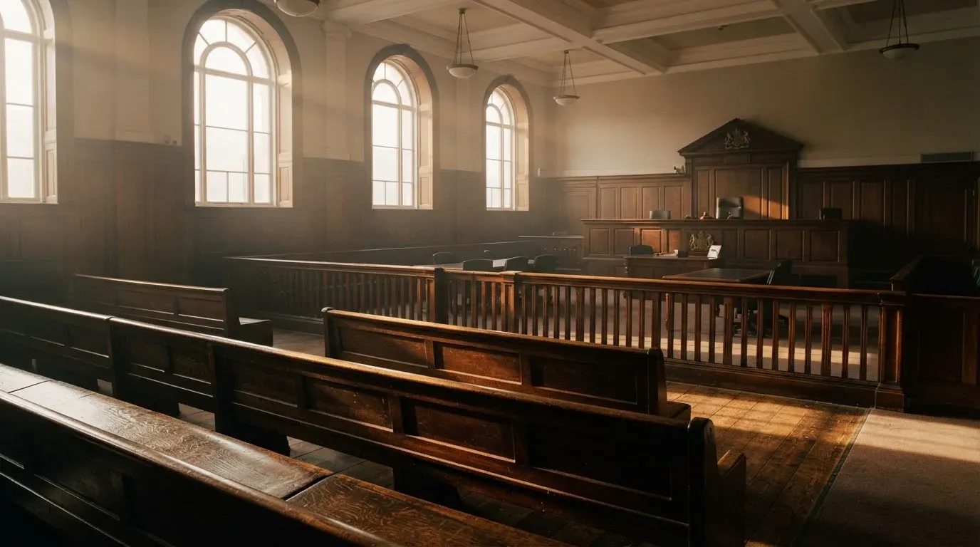An empty courtroom with wooden benches in morning light