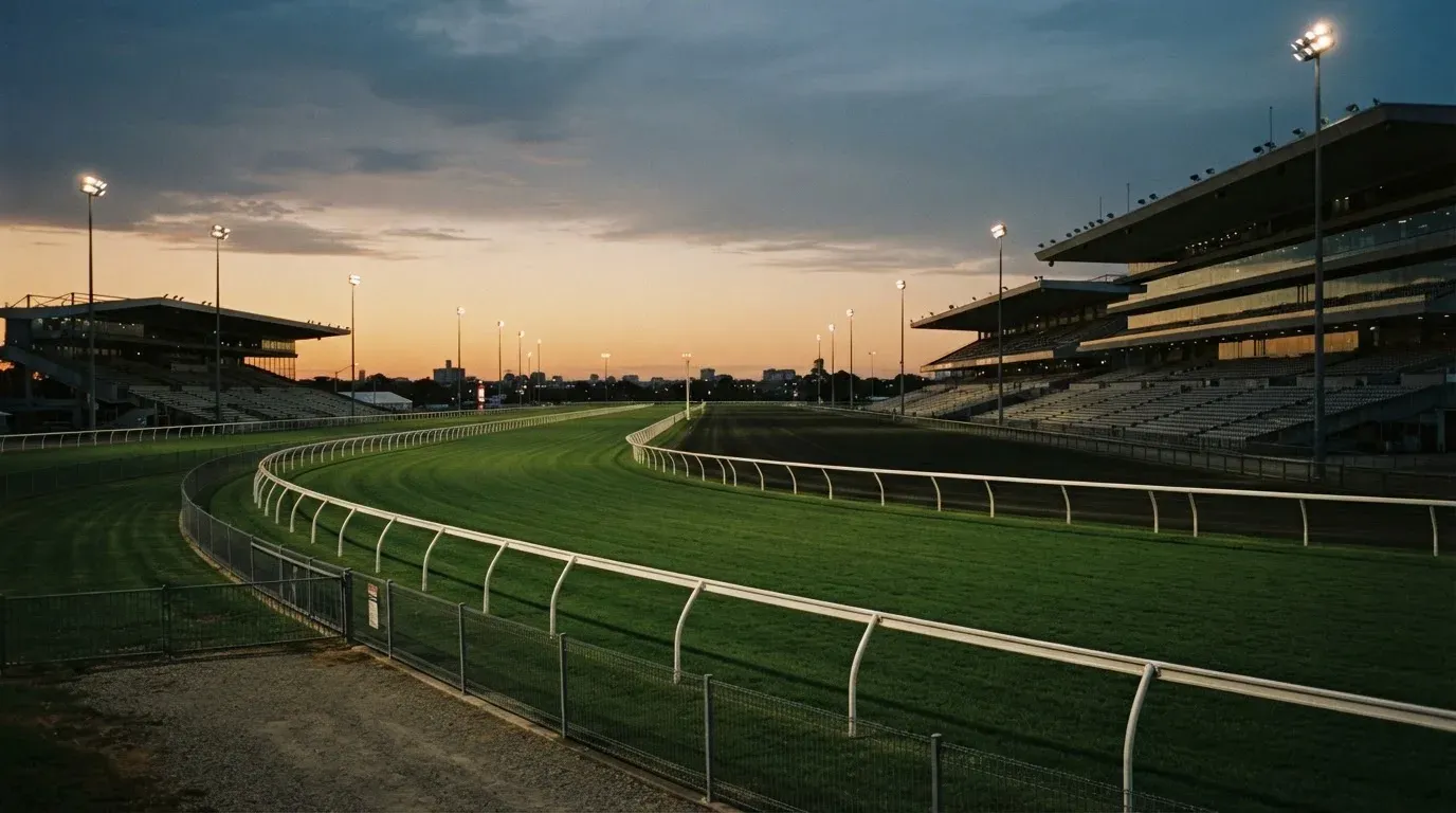 An empty football stadium with floodlight masts at dusk