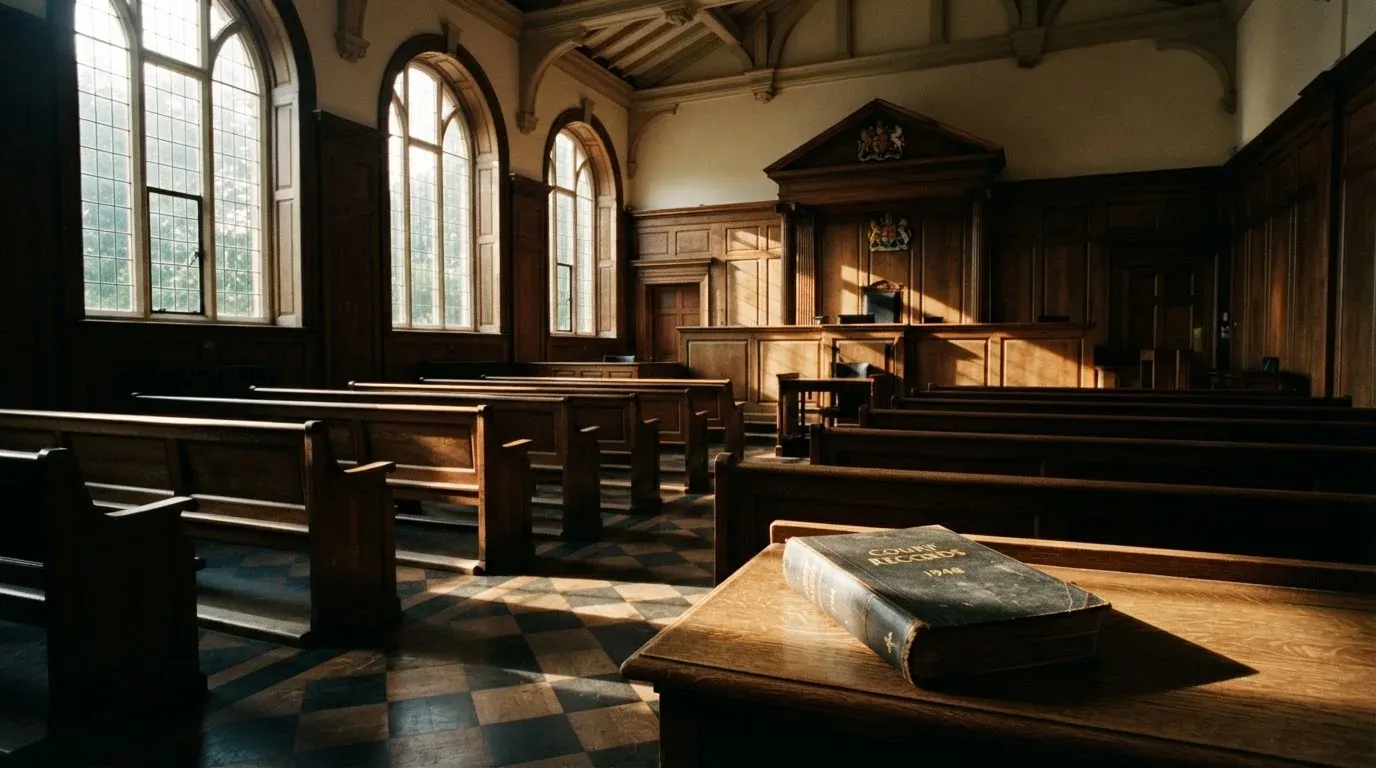 An empty courtroom with wooden benches in morning light