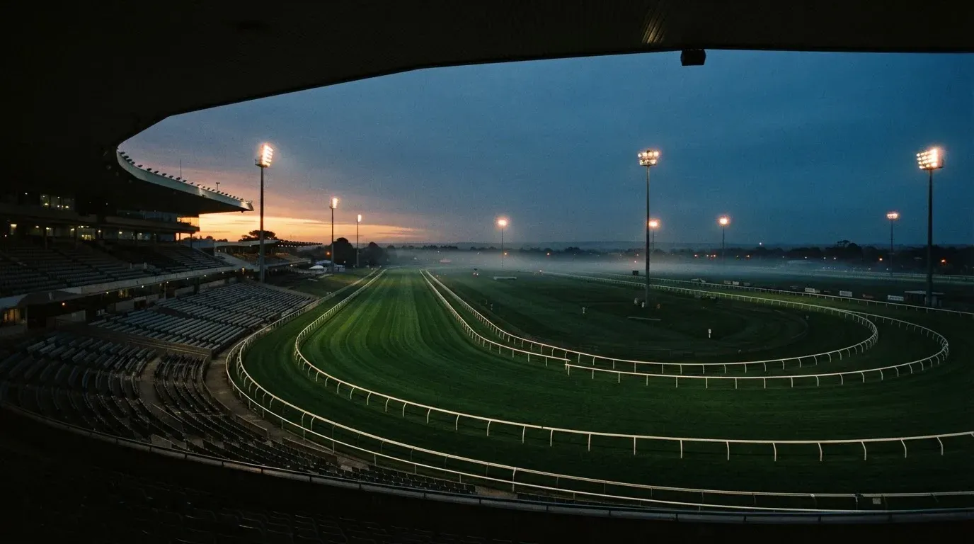 An empty football stadium with floodlight masts at dusk