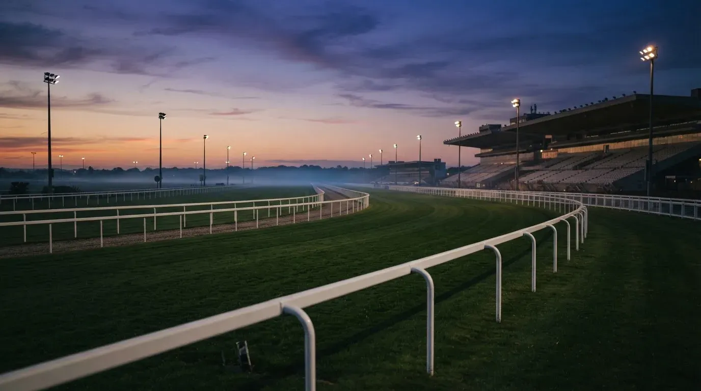 An empty football stadium with floodlight masts at dusk