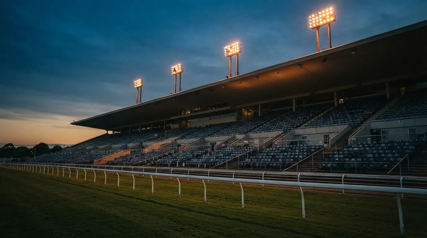 An empty football stadium with floodlight masts at dusk