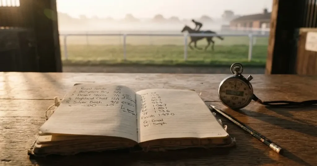 An open notebook with a pencil and a stopwatch on a wooden table