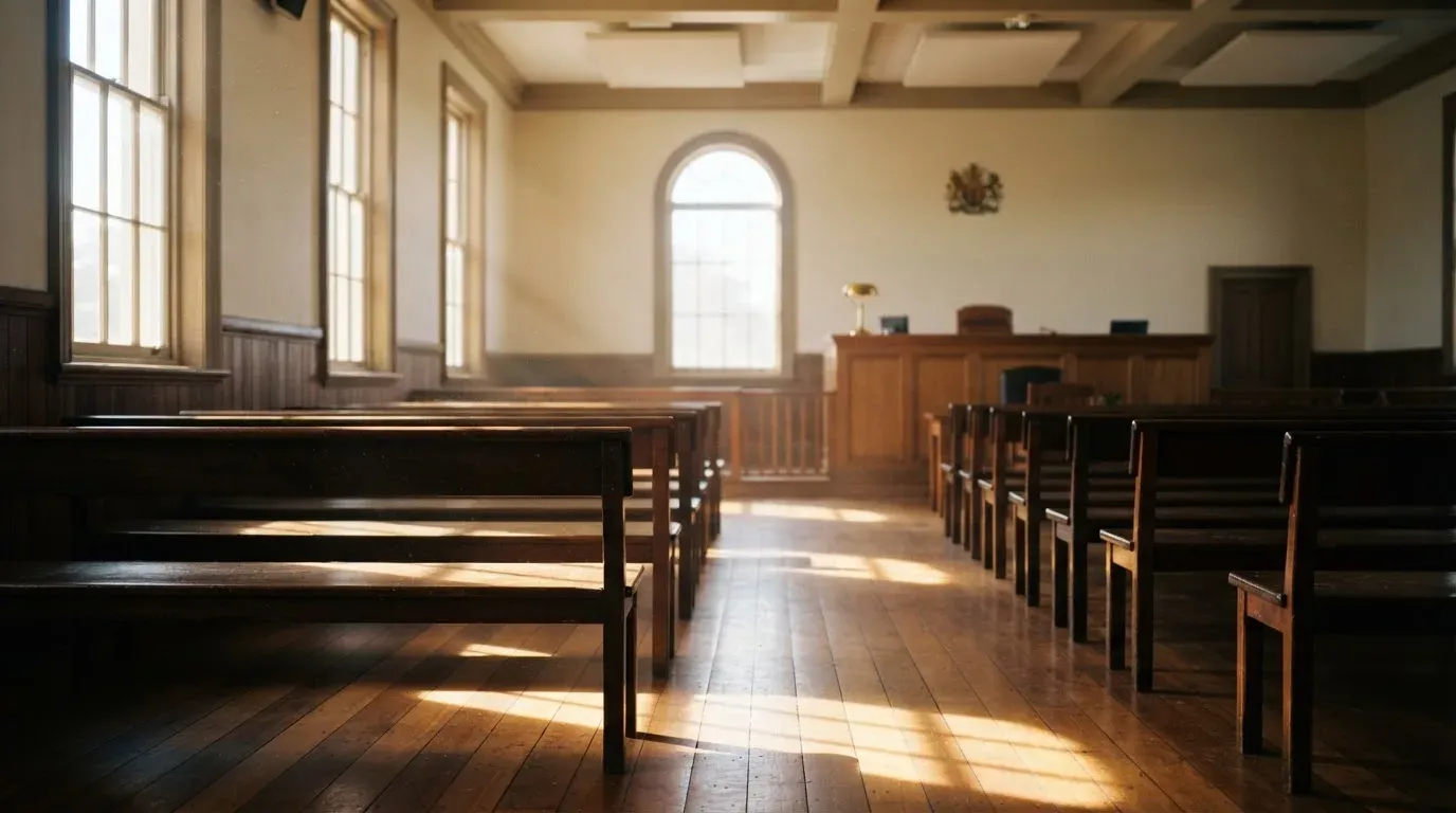 An empty courtroom with wooden benches in morning light
