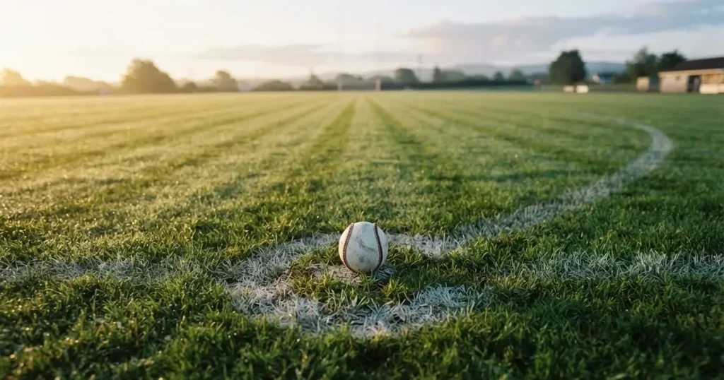 A ball on the centre spot of a grass pitch in morning light