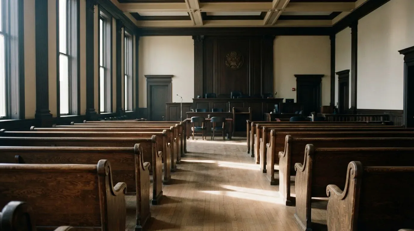 An empty courtroom with wooden benches in morning light