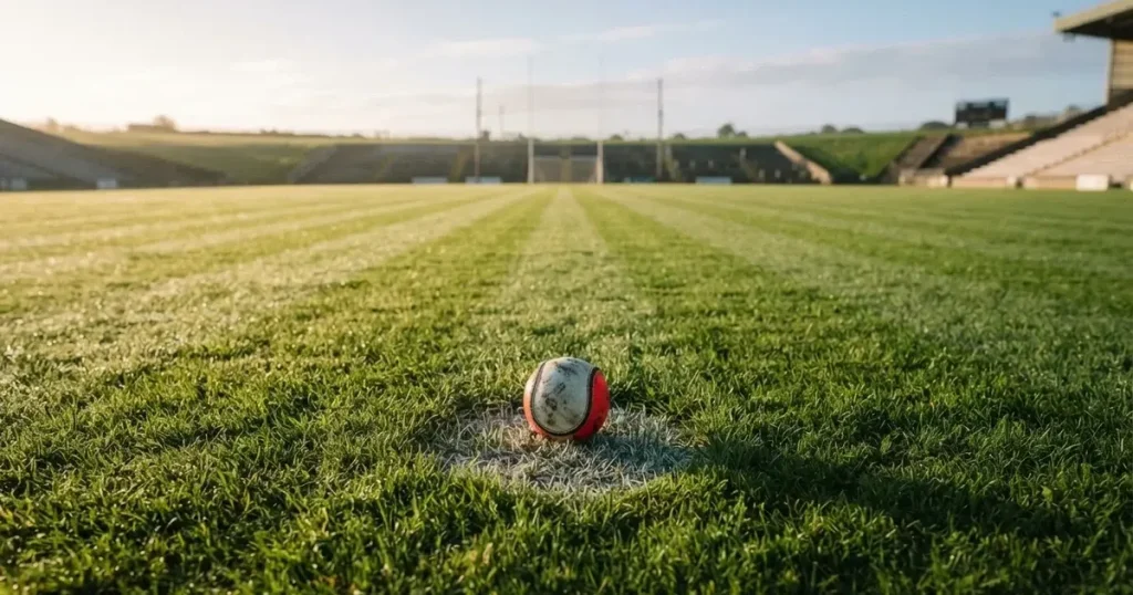 A ball on the centre spot of a grass pitch in morning light