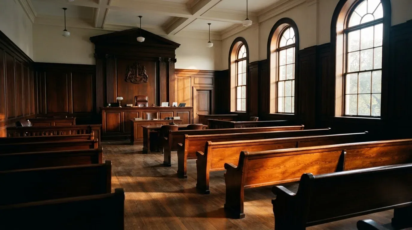 An empty courtroom with wooden benches in morning light