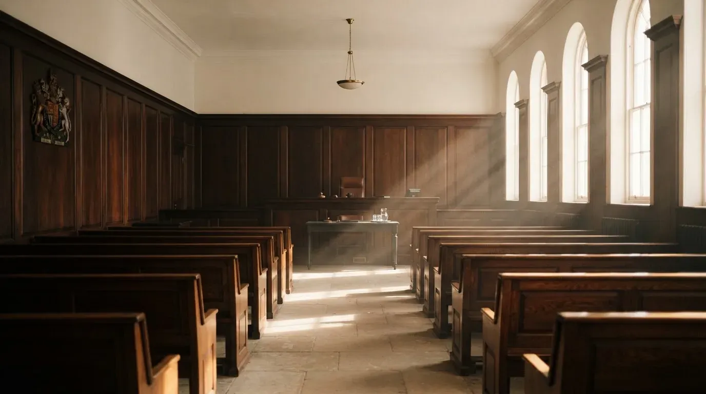 An empty courtroom with wooden benches in morning light